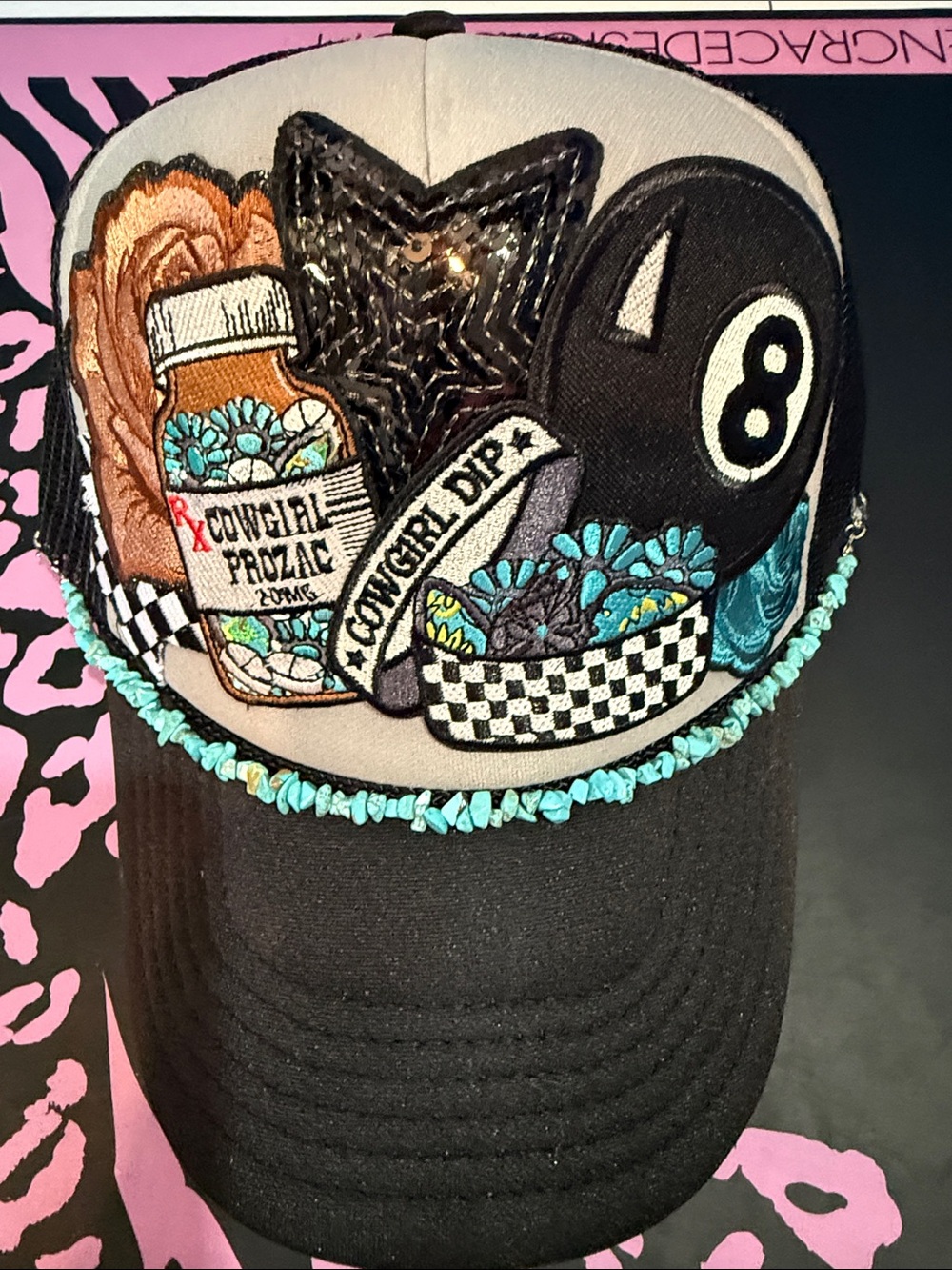 OTTO Black and Turquoise Embellished Trucker Hat